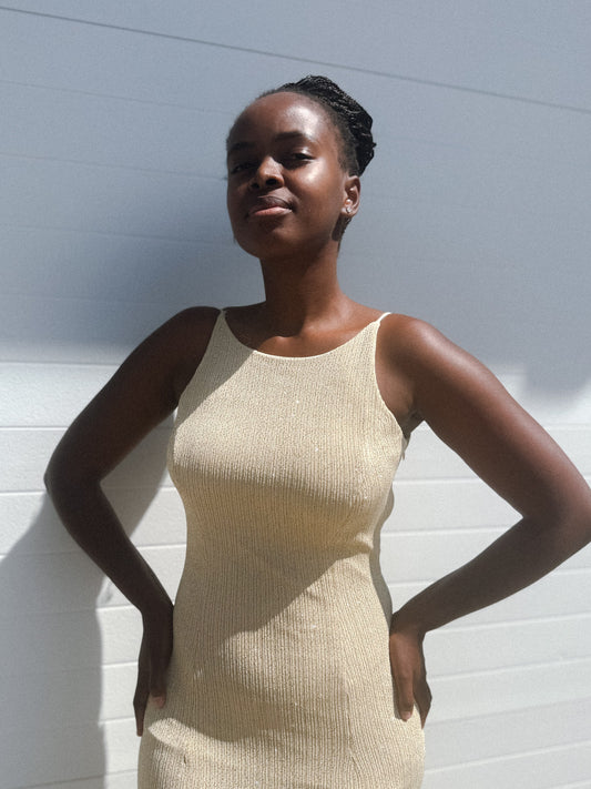 90s Dave and Johnny Beige Champagne Glitter Marilyn Monroe Style Open Back Bodycon Dress, Sz. 4, Art Deco Cocktail Style Evening Gown