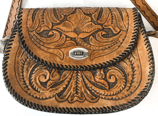 Vintage 60s Handcrafted Tooled "Jeannie" Leather Crossbody Handbag with Floral Engraving