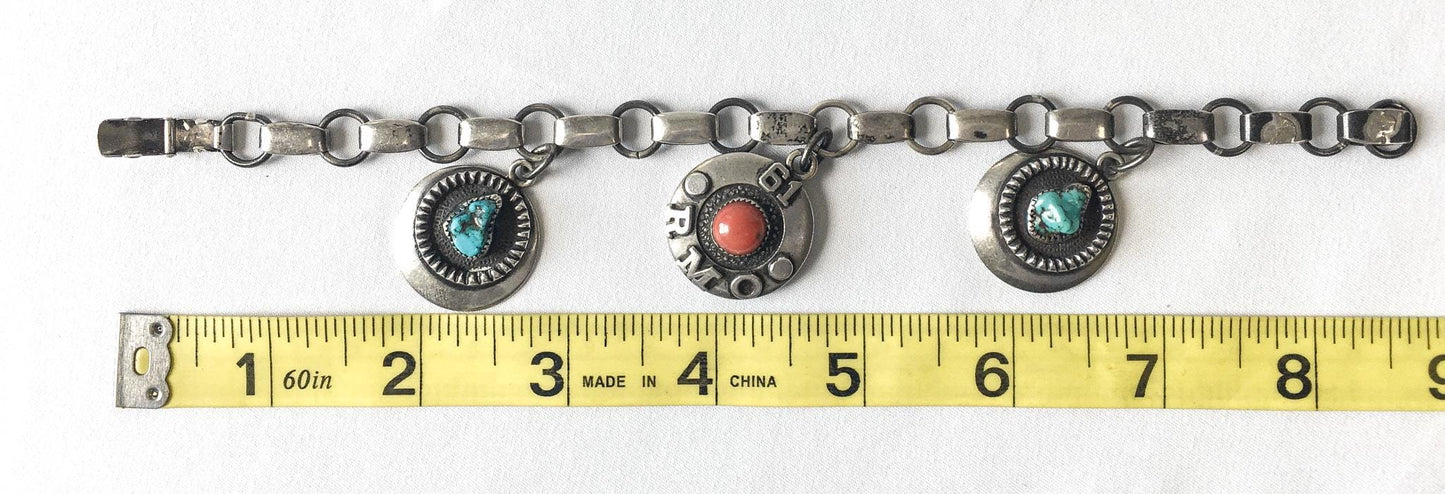 Vintage Frank Patania Sr. Sterling Silver with Turquoise and Coral Bracelet Circa 1961, Custom Made, Possibly one of a Kind, 8.5"