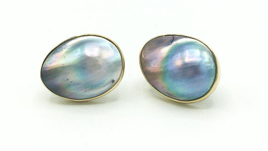 24K Gold Edge Blister Pearl Oval Stud Earrings, Unique Colored Pearl Earrings