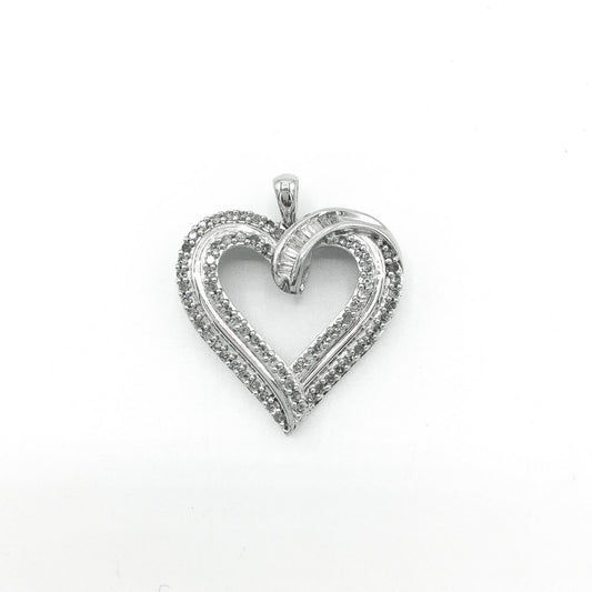925 Diamond Round and Baguette Cut Heart Pendant, Simple Everyday Pendant