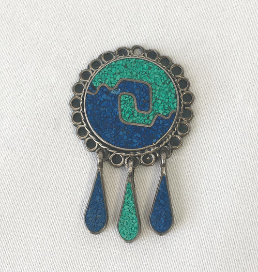 Vintage 925 Mexico Malachite and Turquoise Chip Inlay Pendant, Vintage Western Boho Navajo Jewelry