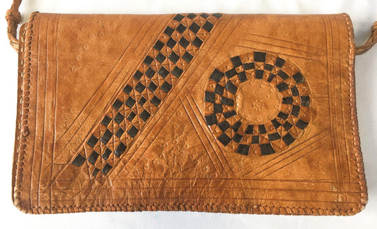 Vintage Handcrafted Tooled and Woven Leather Crossbody Bag, Vintage Western Boho Handbag