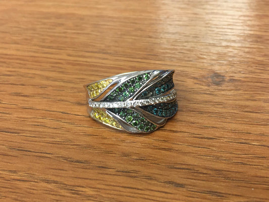 Lab Created Blue, Green, and Yellow Diamond Feather 14k White Gold Ring, Size 9.25