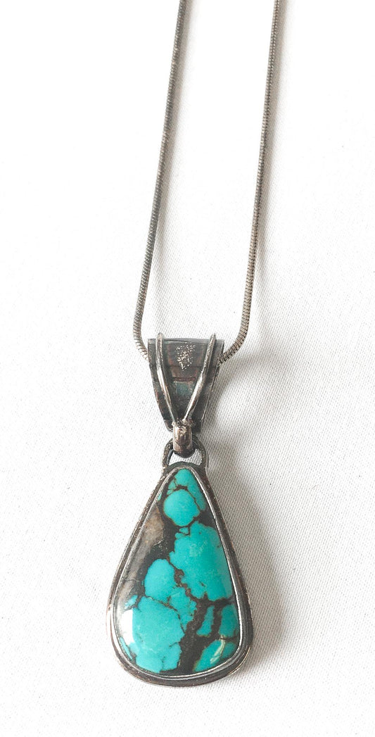 Vintage Saville 925 Turquoise Teardrop Pendant with 925 Italy Round Snake Chain, 21", Vintage Boho Navajo Statement Necklace