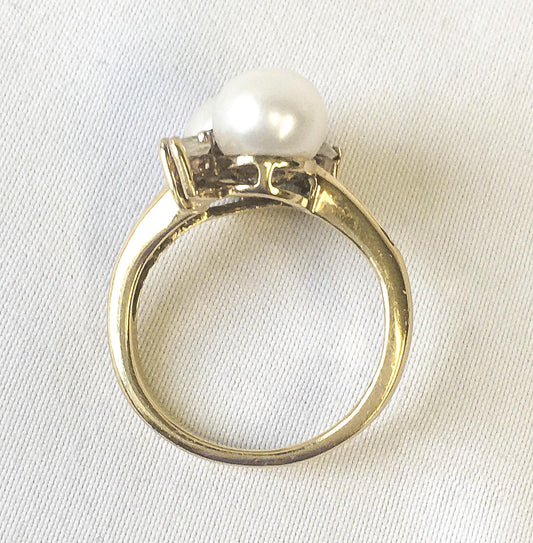 Vintage 10K Twin Pearl White Topaz Cubic Zirconia Bypass Ring, Sz. 5.25, Vintage Estate Art Deco Cocktail Style Ring