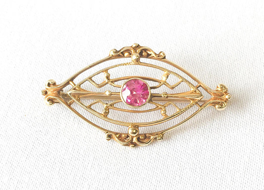 Vintage 14K Gold Pink Ruby Filigree Oval Brooch, Unique Edwardian Victorian Art Deco Style Brooch