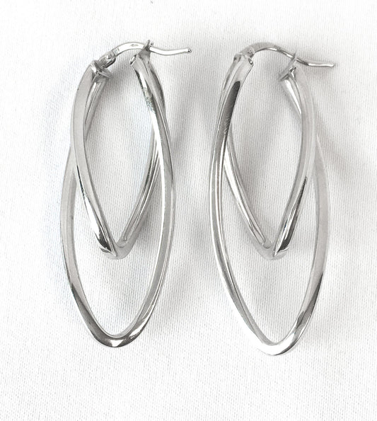 14K Italy White Gold Oblong Double Twisted Hoop Earrings, 2", 3.6 Grams, Unique White Gold Silver Hoops