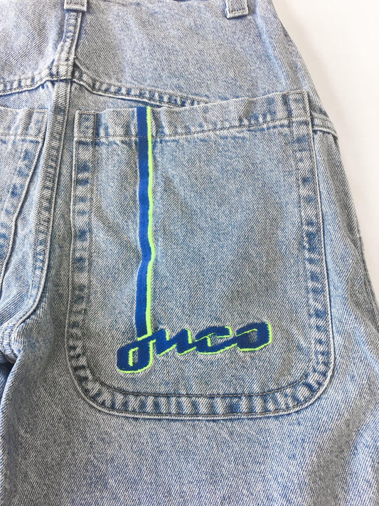 90s JNCO 2199 Boarder Neon Green/Blue Light Wash High Rise Denim Shorts, 26" Waist, Vintage Streetwear Jorts