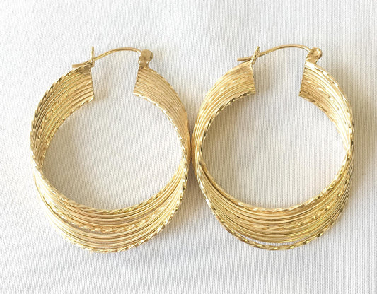 10K Yellow Gold Ribbed Textured Twisted Hoop Earrings, 1.5" Elegant Classy Minimalist Hoop Earrings