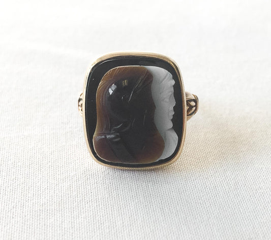 Vintage 10K Gold Sardonyx Brown/White Cameo Signet Ring, Sz. 5.5, Vintage Unique Victorian Boho Statement Ring