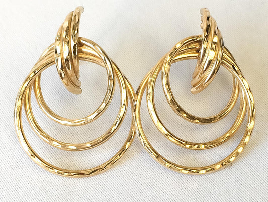 Vintage 14K Yellow Gold Triple Tube Textured Hoop Earrings, Simple Unique Classy Minimalist Hoop Earrings