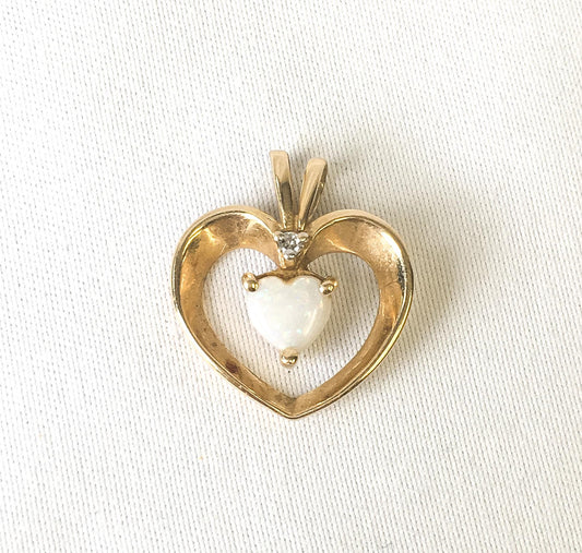 14K Yellow Gold Diamond Opal Heart Shaped Pendant, Dainty Simple Everyday Pendant