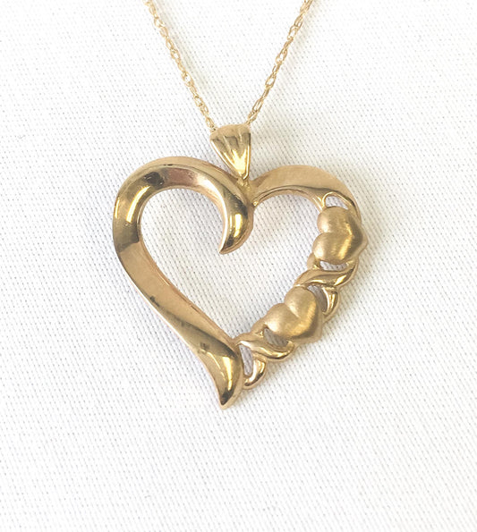 Vintage 10K Yellow Gold Open Faced Heart with Puffy Heart Detail 16" Necklace, Simple Elegant Heart Necklace