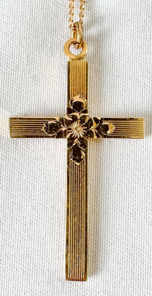 Vintage 10K Yellow Gold Floral Etched Cross Pendant Necklace on 14K Gold 19" Chain, Simple Elegant Cross Chain