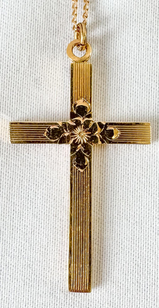 Vintage 10K Yellow Gold Floral Etched Cross Pendant Necklace on 14K Gold 19" Chain, Simple Elegant Cross Chain