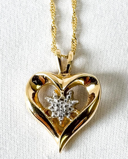 10K Yellow Gold Diamond Cluster Open Heart Pendant on 14K Italy 18 Inch Chain, Simple Elegant Chain Necklace