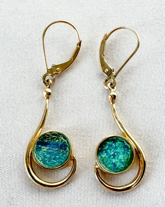 Vintage 14K Yellow Gold Blue Opal Circle Abstract Teardrop Earrings
