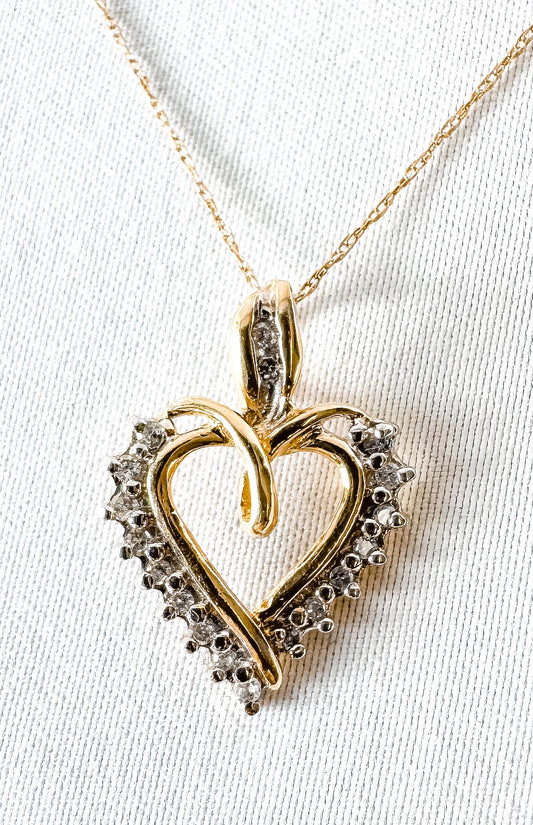 Vintage 10K Yellow Gold Diamond Heart Pendant 20" Necklace, Elegant Simple Dainty Heart Necklace