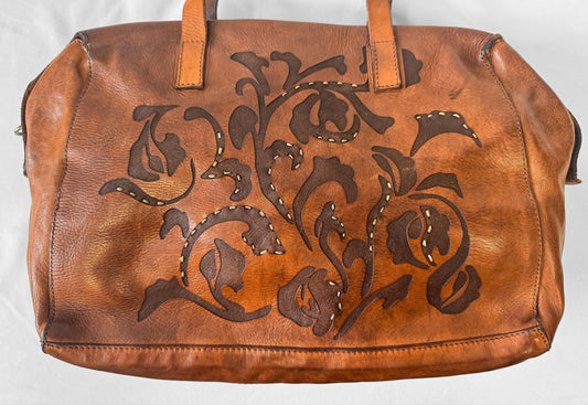 Campomaggi Bauletto Grande Cognac Leather Shoulder Tote Bag with Detachable Crossbody Strap, Vintage Western Boho Handbag