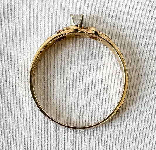 Vintage 10K Black Hills Gold Diamond Two Leaf Ring, Sz. 9.75, Dainty Simple Stackable Ring