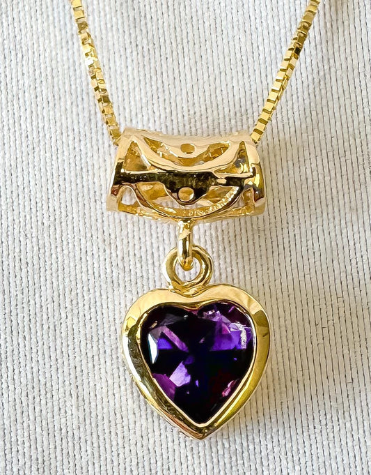 14K Yellow Gold Aurafin Italy Amethyst Heart Slide Pendant 18" Box Chain Necklace