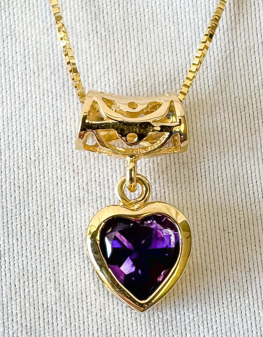 14K Yellow Gold Aurafin Italy Amethyst Heart Slide Pendant 18" Box Chain Necklace