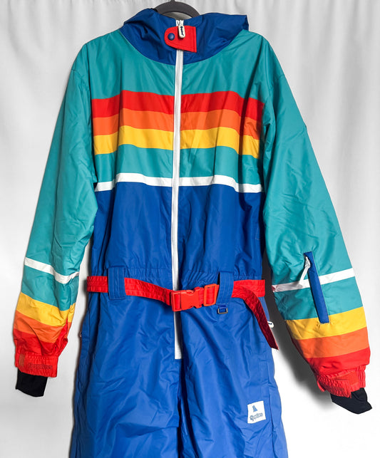 Vintage Inspired Tipsy Elves Rainbow Striped Ski Snow Suit, Men's Sz. L, Retro Winter Ski Suit