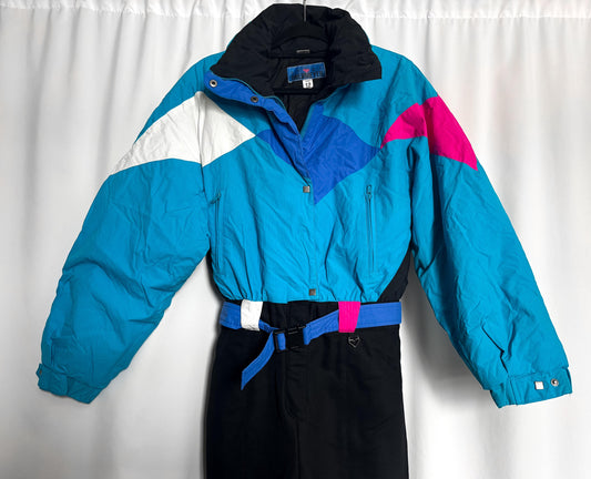 Vintage 90s Obermeyer Blue Multicolor Color Block Ski Snow Suit, Approx. Women's Sz. S