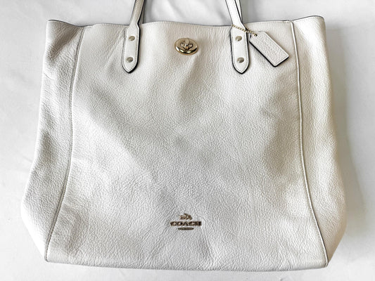 Modern Coach Town Tote Chalk White/Cream Turn Lock Pebbled Leather Shoulder Tote Bag, Style 12184