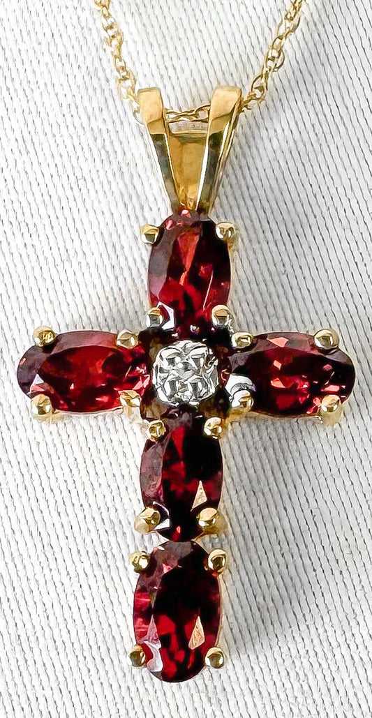 10K Yellow Gold Garnet Diamond Cross 18" Pendant Necklace, Unique Elegant Simple Everyday Necklace