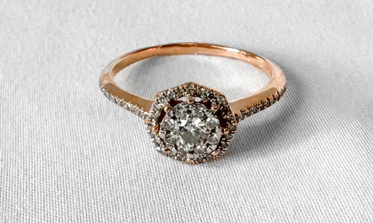 10K Rose Gold Diamond Round Brilliant Cut Halo Engagement Ring, Sz. 9, Unique Statement Engagement Wedding Ring