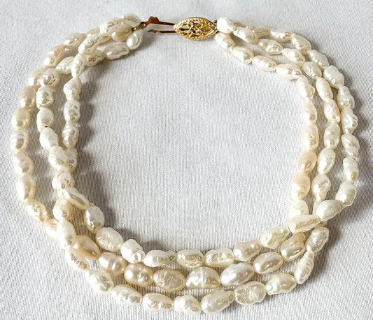 Vintage Three Strand Rice Pearl 14K Gold Clasp Bracelet, Roughly 7.5", Vintage Bridal Beachy Coastal Bracelet