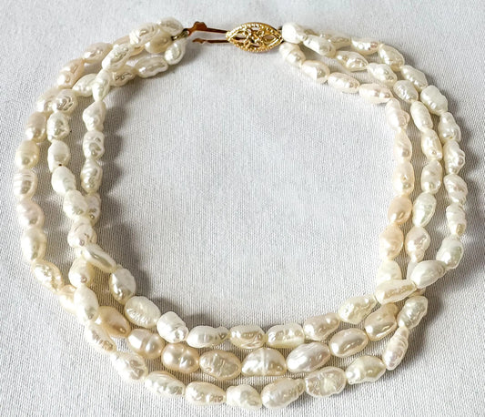 Vintage Three Strand Rice Pearl 14K Gold Clasp Bracelet, Roughly 7.5", Vintage Bridal Beachy Coastal Bracelet