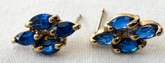 Vintage 10K Yellow Gold Blue Spinel Stone Leaf Studs, Simple Elegant Minimalist Stud Earrings