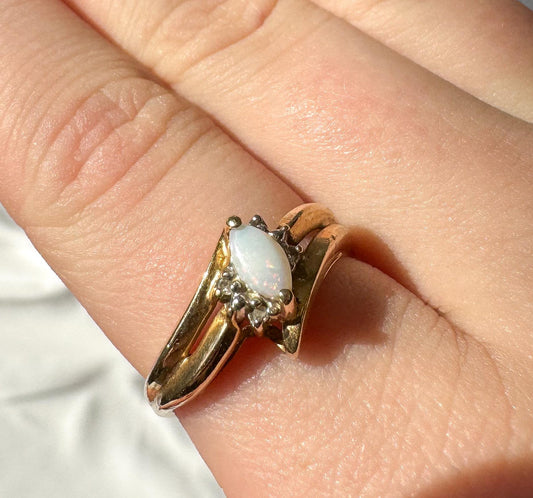 Vintage 10K Marquise Opal Diamond Cluster Ring, Sz. 6.25, Vintage Art Deco Style Cocktail Statement Ring