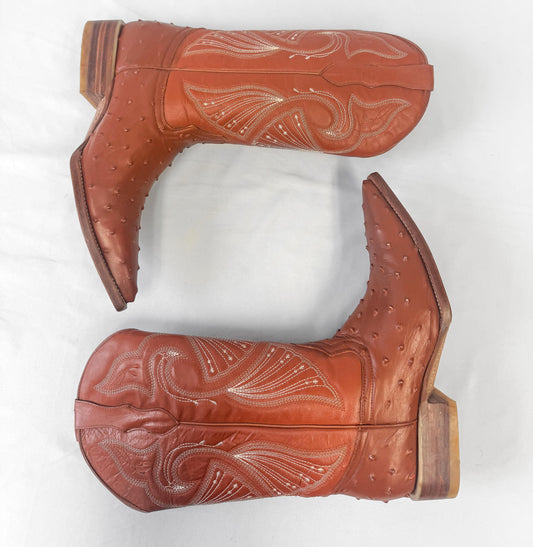 Vintage El Reparo Coral Ostrich Quill Leather Embroidered Cowboy Boots, Women's Sz. 7, Unique Statement Western Festival Boots
