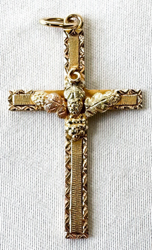 Vintage 10K Black Hills Gold Etched Cross Pendant with Leaf Details, 1.5"