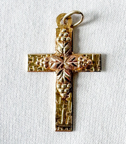 Vintage 10K Landstroms Black Hills Gold Etched Cross Pendant with Leaf Details, 1 Inch