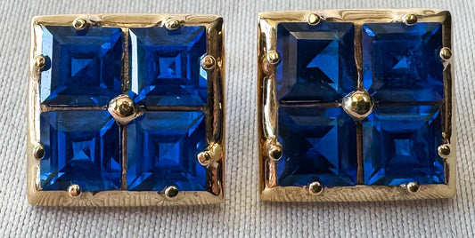 Vintage 10K Yellow Gold Blue Spinel Square Grid Stud Earrings, Simple Elegant Minimalist Earrings