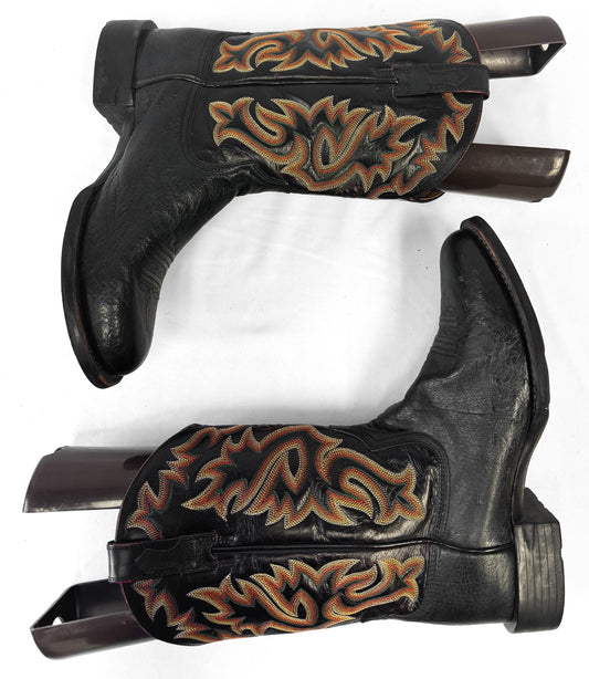 Ariat Black Leather Cowboy Boots with Orange and Yellow Embroidery, Men's Sz. 10EE, Unique Vintage Western Festival Boots