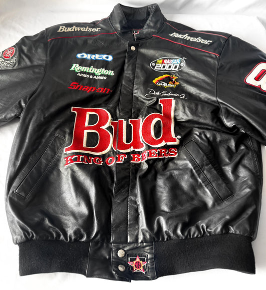 Vintage Budweiser NASCAR Dale Ernhardt Jr. Black Leather Bomber Jacket, Men's Sz. L