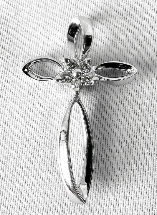 10K White Gold Diamond Cluster Flower Cross Pendant, Roughly 1 Inch, Simple Dainty Everyday Elegant Christian Necklace