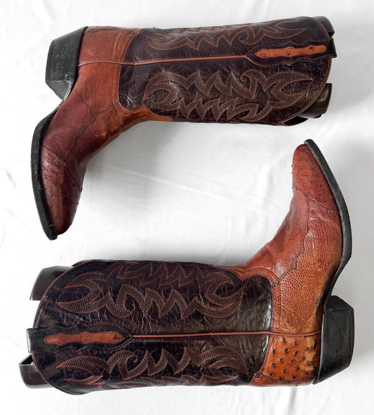 Vintage Tony Lama Brown Cognac Quill Ostrich Leather Pointed Toe Cowboy Boots, Men's Sz. 9D, Vintage Festival Western Boots