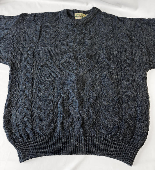 Vintage Aran Crafts Dark Blue Pure Merino Wool Cable Knit Sweater, Men's Sz. M, Wool Unisex Sweater