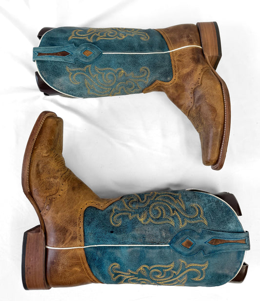 J.B. Dillon Windmark Blue Tan Leather Cowboy Boots, Men's Sz. 10D, Unique Western Boots