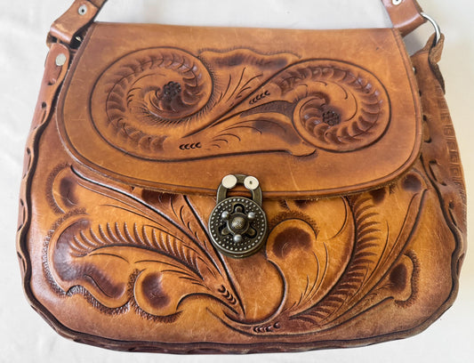 Vintage 70s Handcrafted Tooled Leather Abstract Engraved Braided Strap Shoulder Bag, Western Boho Style Handbag