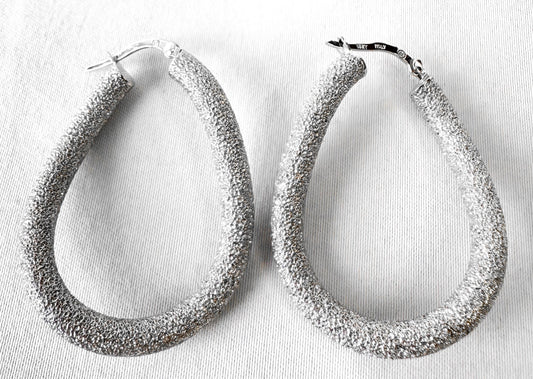14K Italy White Gold Twisted Stardust Textured Oblong Tube 1.5 Inch Hoop Earrings, Unique Statement Minimalist Hoops