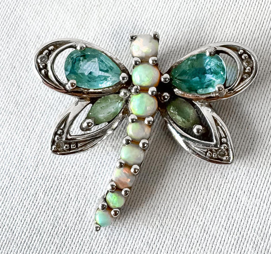 10K White Gold Opal Blue Topaz Diamond Accent Dragonfly Slide Pendant, Unique Boho Whimsy Style Pendant