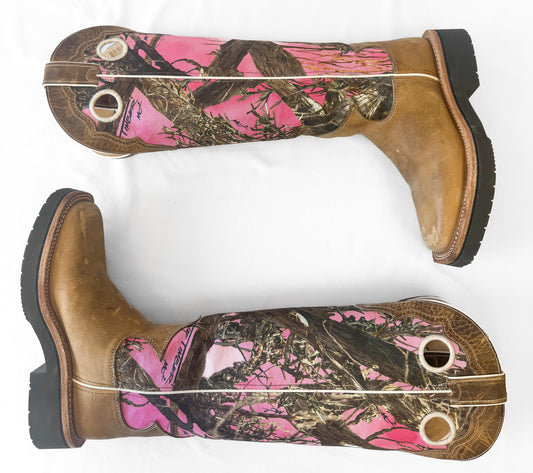 Justin Pink Rugged Camo Textile Leather Square Toe Tall Cowboy Boots, Women's Sz. 6B, Style L2116, Unique Campy Western Cowgirl Boots